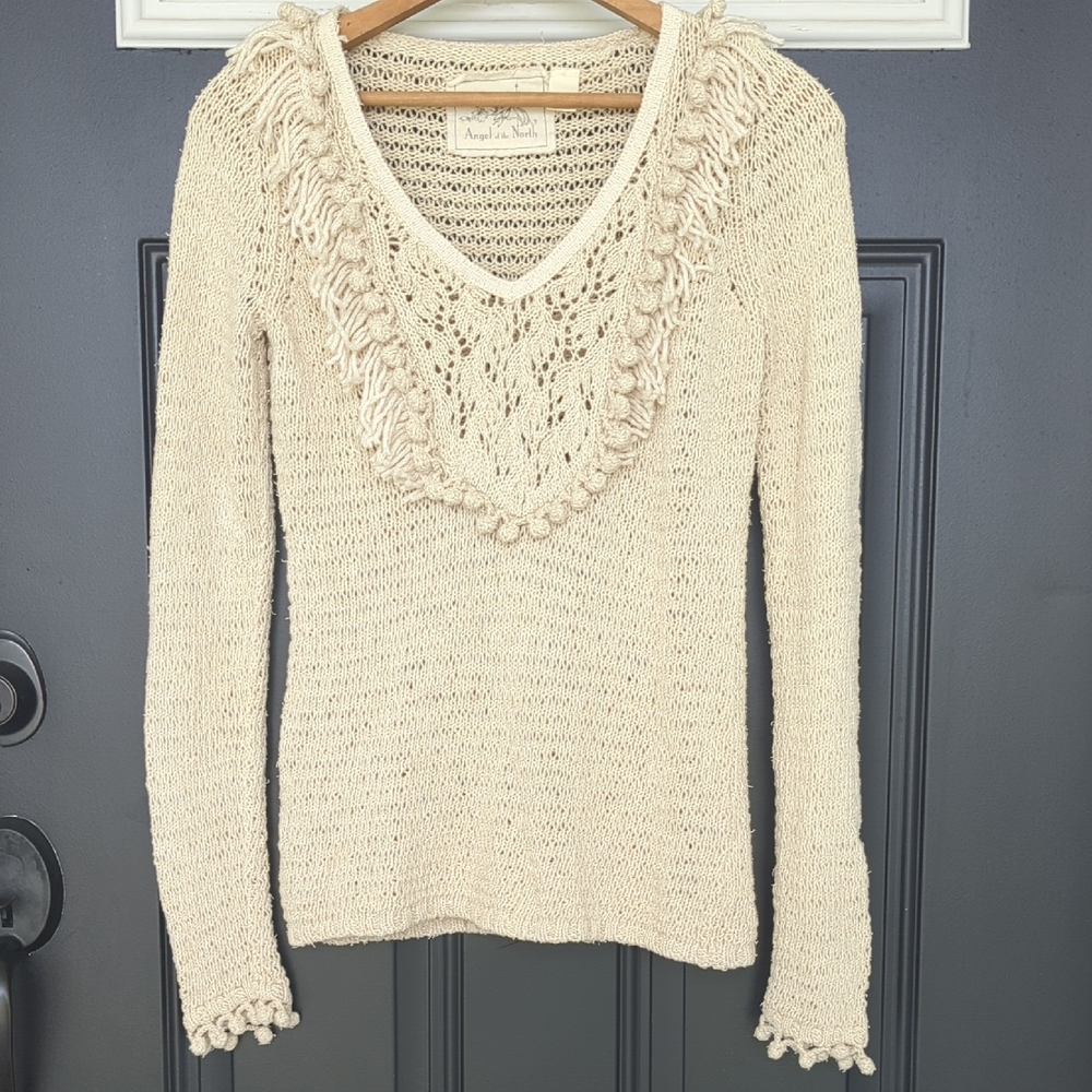 Anthropologie Angel of the North Tonetta Beige Knit V-Neck Sweater size small